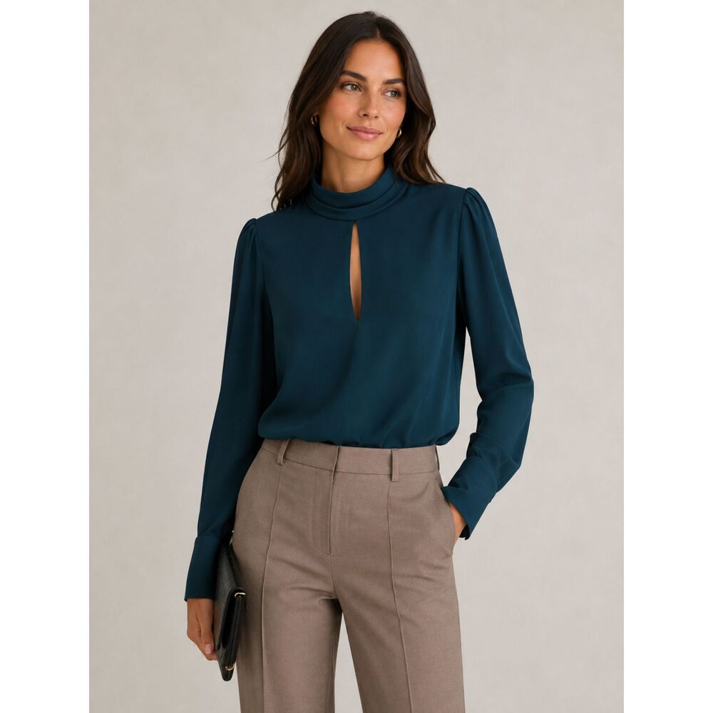 REISS Cherry Blouse US 2 Teal High Neck Keyhole Long Sleeve Top
